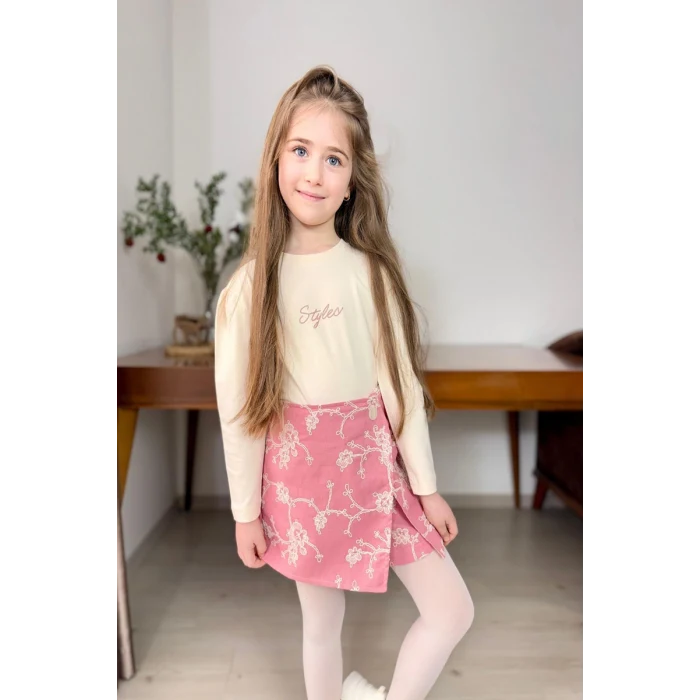 Brode Desen Şort Etekli Pembe Renk Kız Çocuk Takım