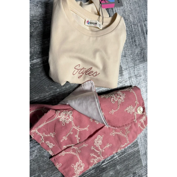 Brode Desen Şort Etekli Pembe Renk Kız Çocuk Takım