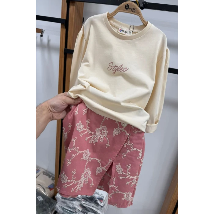 Brode Desen Şort Etekli Pembe Renk Kız Çocuk Takım