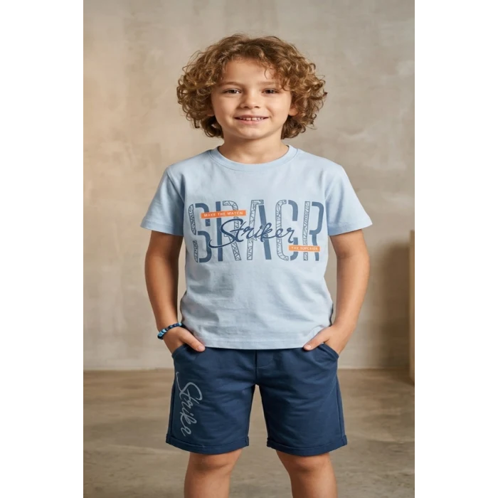 Brage Striker Yazı Desenli Mavi Renk Erkek Çocuk Şortlu Takım