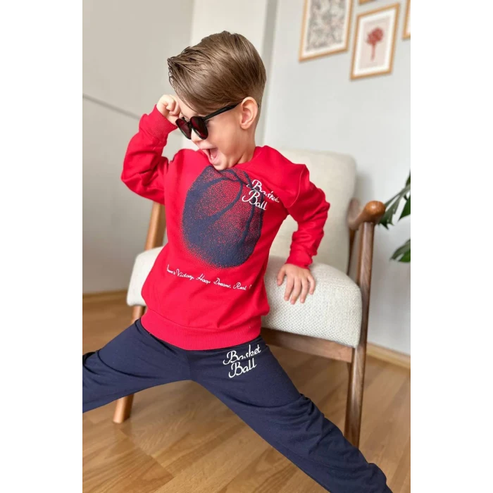 Basketball Yazı Desenli Kırmızı Renk Erkek Çocuk Eşofman Takımı