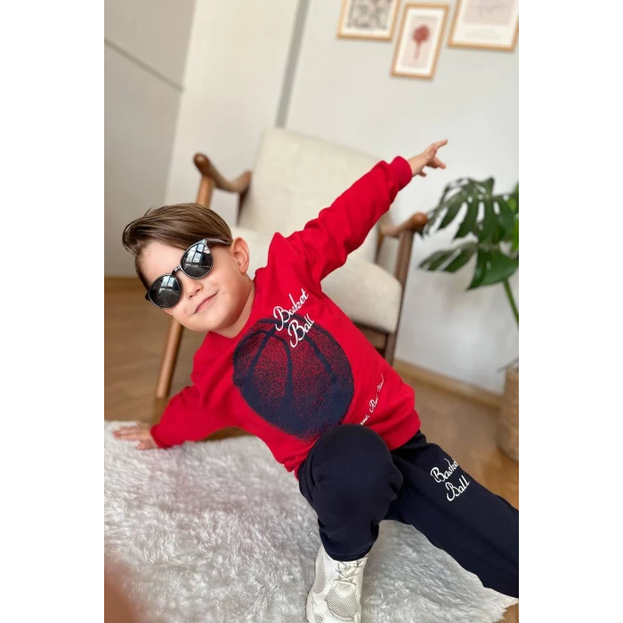 Basketball Yazı Desenli Kırmızı Renk Erkek Çocuk Eşofman Takımı