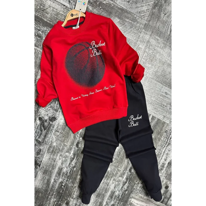 Basketball Yazı Desenli Kırmızı Renk Erkek Çocuk Eşofman Takımı