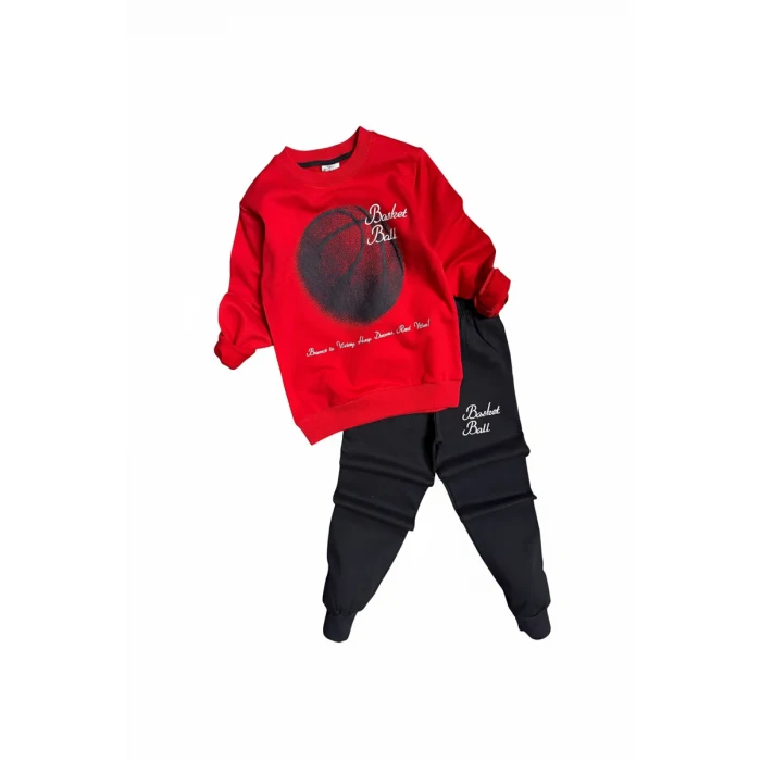 Basketball Yazı Desenli Kırmızı Renk Erkek Çocuk Eşofman Takımı