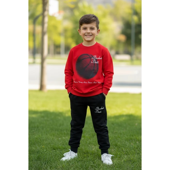 Basketball Yazı Desenli Kırmızı Renk Erkek Çocuk Eşofman Takımı