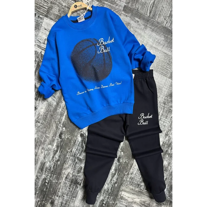 Basketball Yazı Desenli Mavi Renk Erkek Çocuk Eşofman Takımı