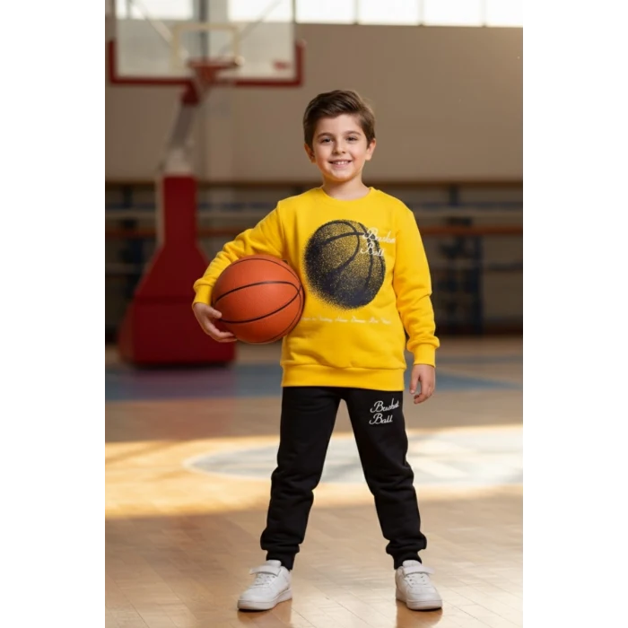 Basketball Yazı Desenli Sarı Renk Erkek Çocuk Eşofman Takımı