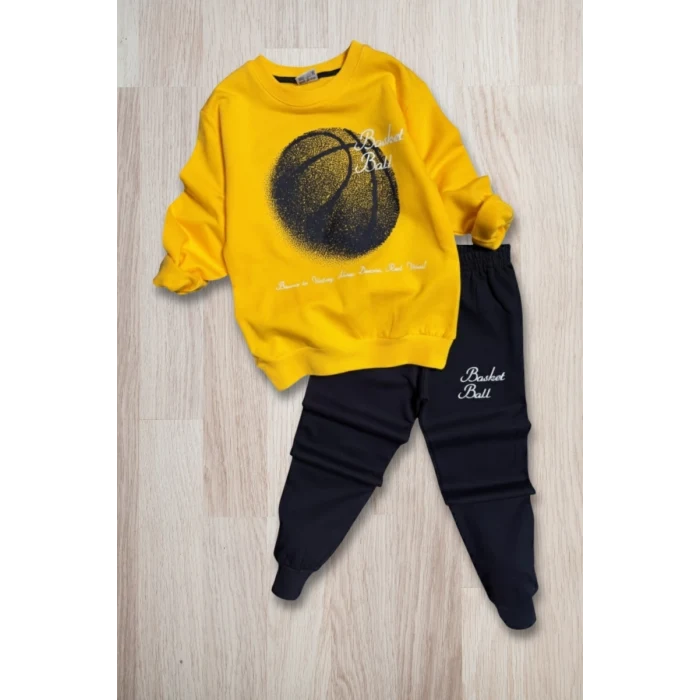 Basketball Yazı Desenli Sarı Renk Erkek Çocuk Eşofman Takımı