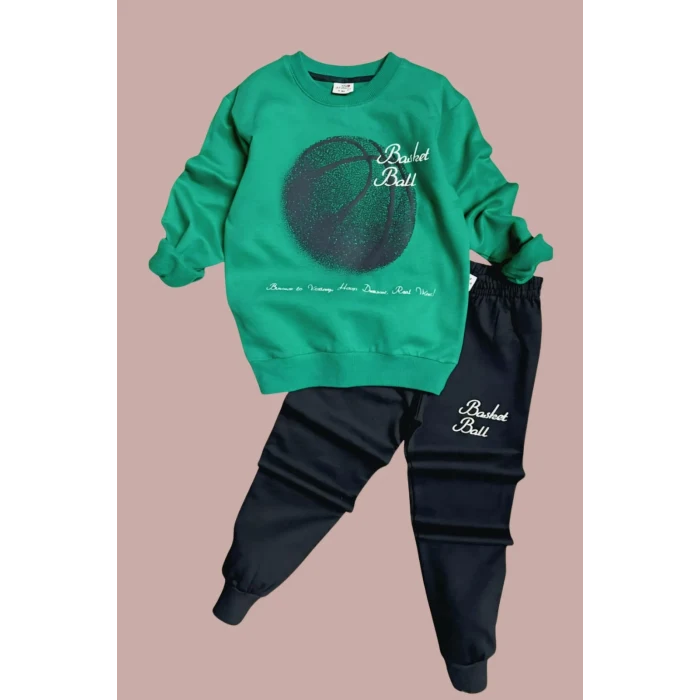 Basketball Yazı Desenli Yeşil Renk Erkek Çocuk Eşofman Takımı