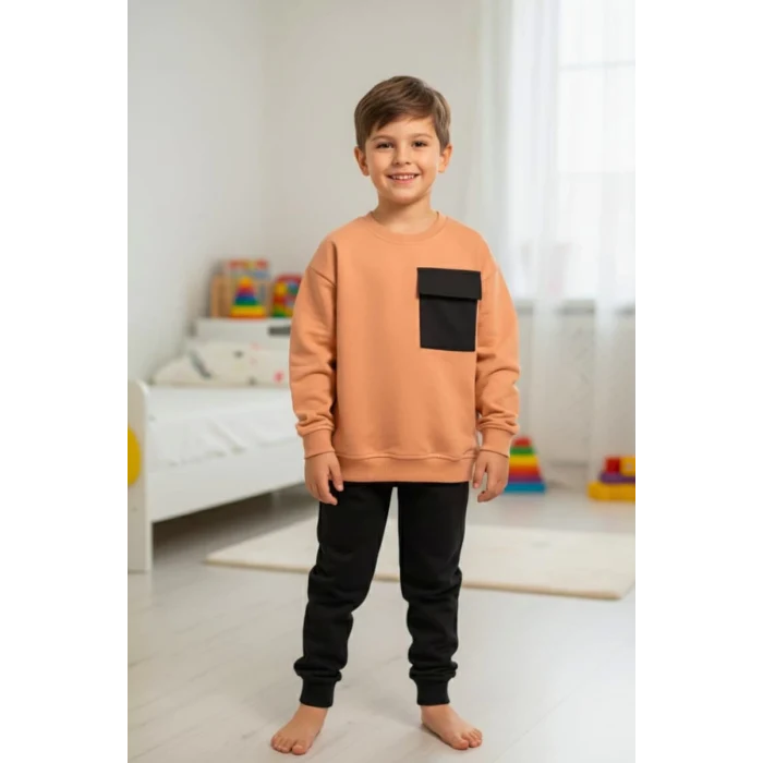 Cep Detaylı Erkek Çocuk Soft Turuncu Renk Eşofman Takım