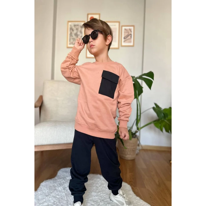 Cep Detaylı Erkek Çocuk Soft Turuncu Renk Eşofman Takım