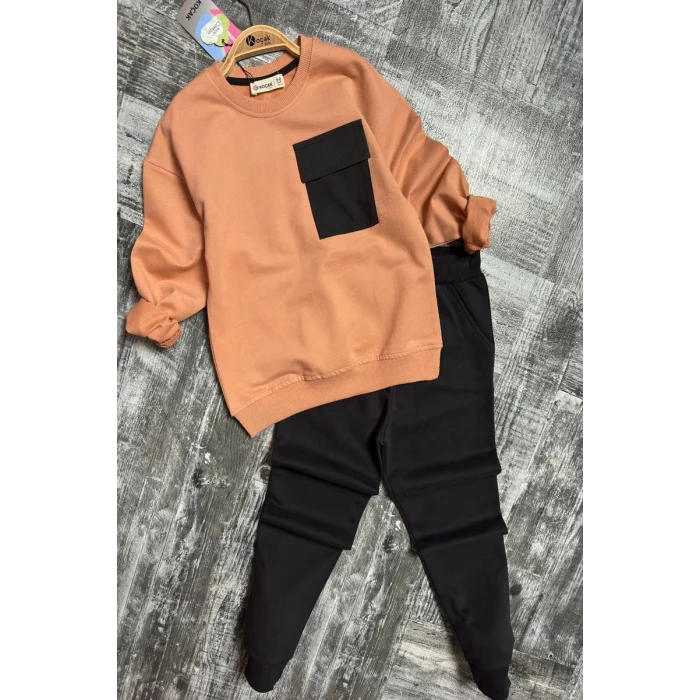 Cep Detaylı Erkek Çocuk Soft Turuncu Renk Eşofman Takım