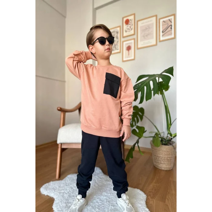 Cep Detaylı Erkek Çocuk Soft Turuncu Renk Eşofman Takım