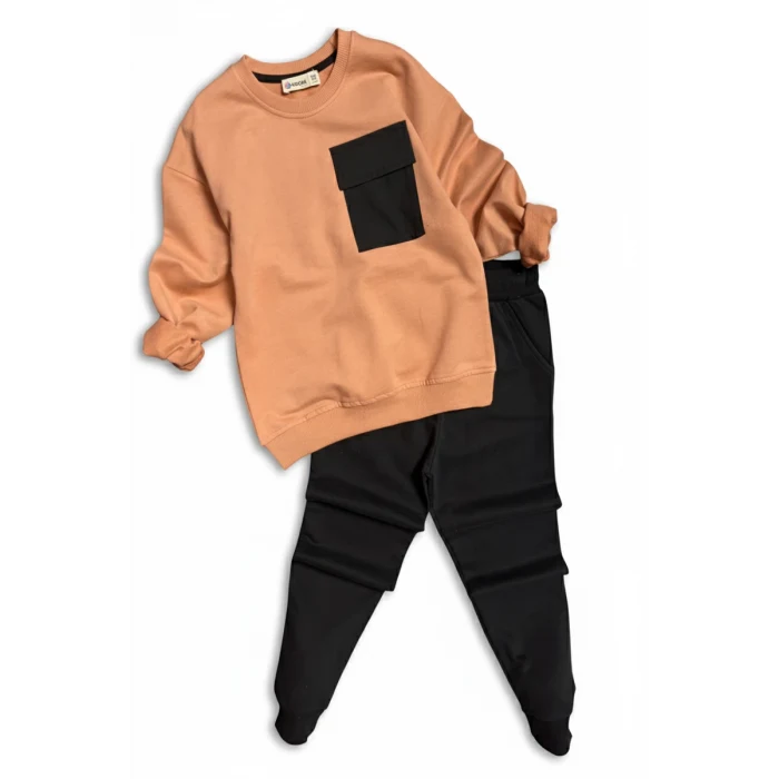 Cep Detaylı Erkek Çocuk Soft Turuncu Renk Eşofman Takım