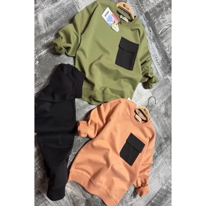 Cep Detaylı Erkek Çocuk Soft Turuncu Renk Eşofman Takım