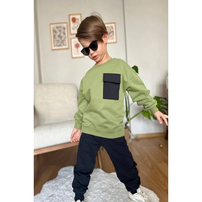 Cep Detaylı Erkek Çocuk Yeşil Renk Eşofman Takım