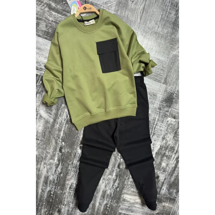 Cep Detaylı Erkek Çocuk Yeşil Renk Eşofman Takım