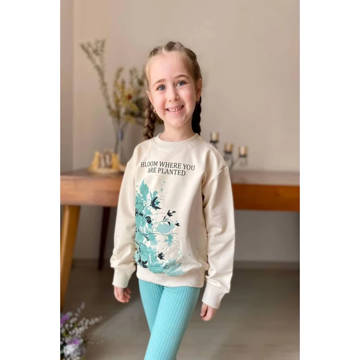 Çiçek Desenli Fitilli Taytlı Yeşil Renk Kız Çocuk Takım