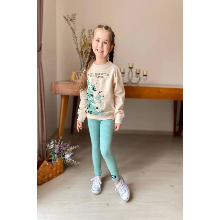 Çiçek Desenli Fitilli Taytlı Yeşil Renk Kız Çocuk Takım