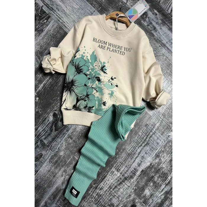 Çiçek Desenli Fitilli Taytlı Yeşil Renk Kız Çocuk Takım