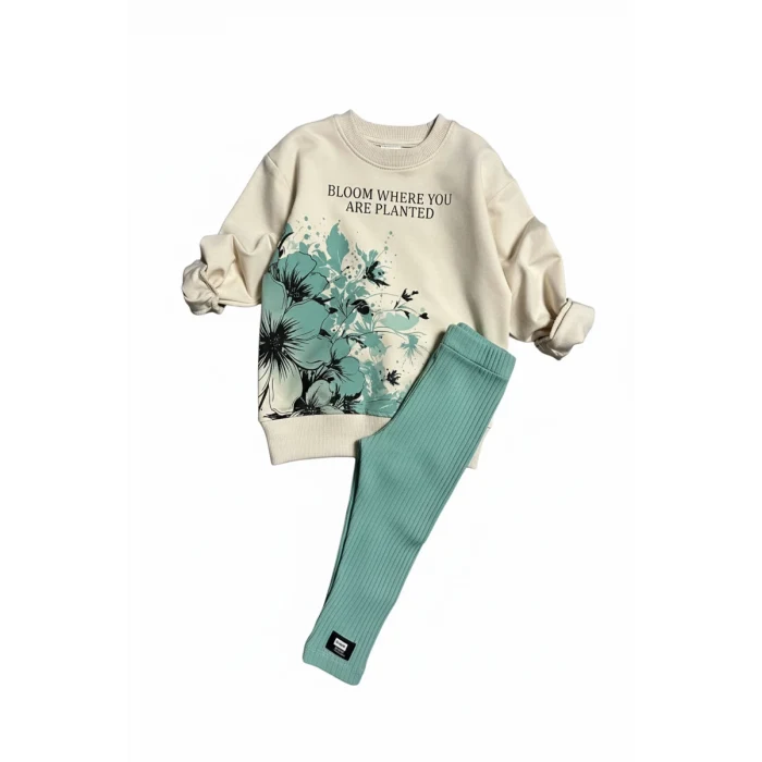 Çiçek Desenli Fitilli Taytlı Yeşil Renk Kız Çocuk Takım