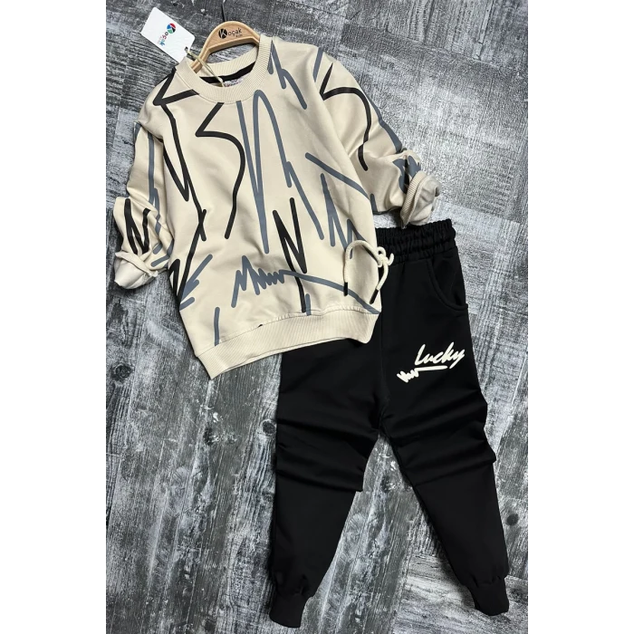 Çizgi Desenli Siyah Renk Erkek Çocuk Eşofman Takım