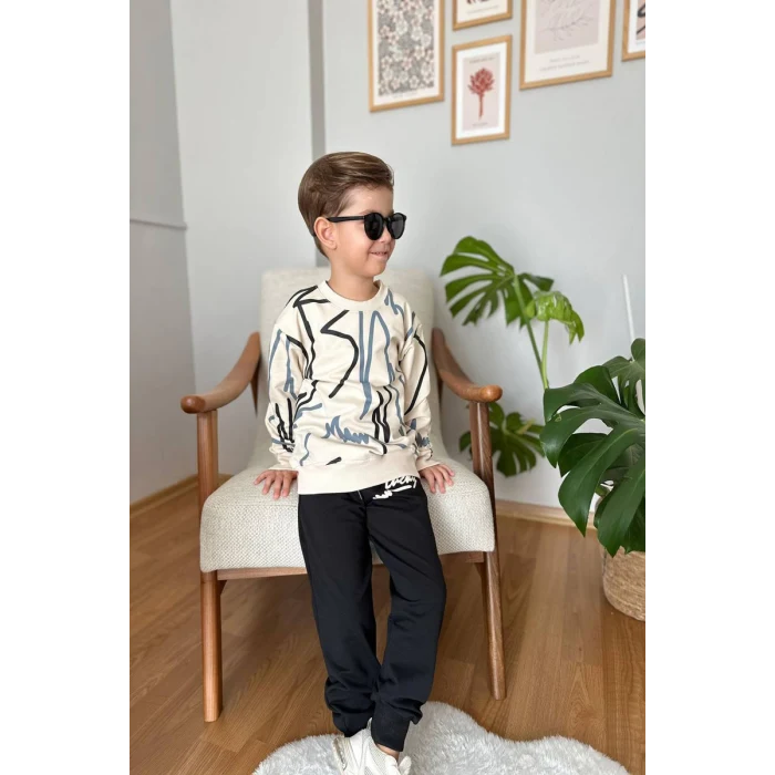 Çizgi Desenli Siyah Renk Erkek Çocuk Eşofman Takım