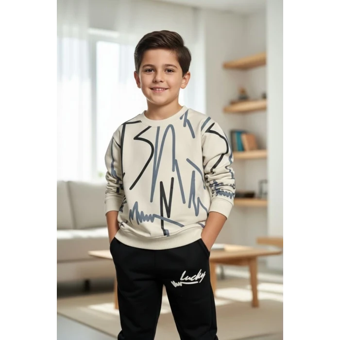 Çizgi Desenli Siyah Renk Erkek Çocuk Eşofman Takım