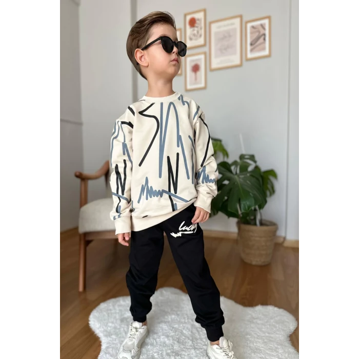 Çizgi Desenli Siyah Renk Erkek Çocuk Eşofman Takım