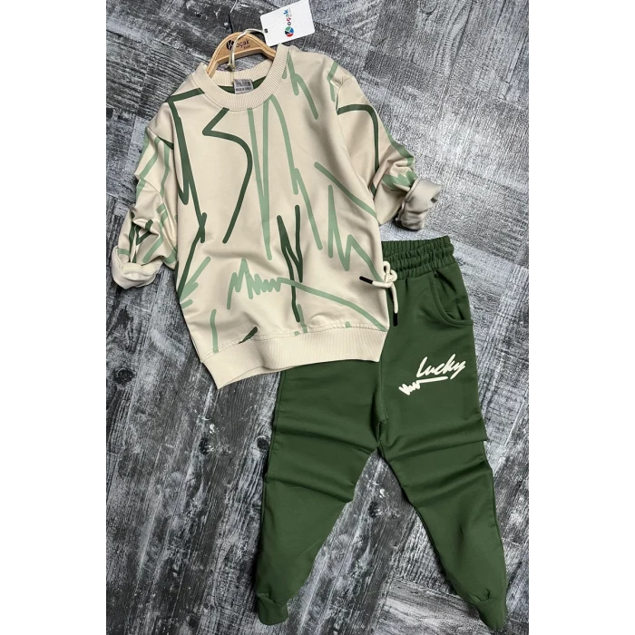 Çizgi Desenli Yeşil Renk Erkek Çocuk Eşofman Takım