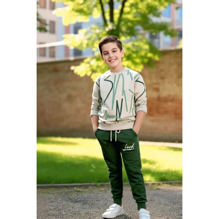 Çizgi Desenli Yeşil Renk Erkek Çocuk Eşofman Takım