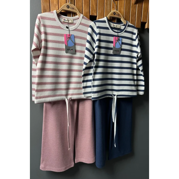 Çizgili Kız Çocuk Bol Paça Mevsimlik Mavi Renk Takım