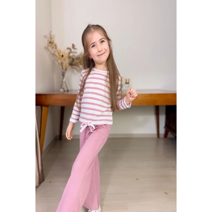 Çizgili Kız Çocuk Bol Paça Mevsimlik Pembe Renk Takım