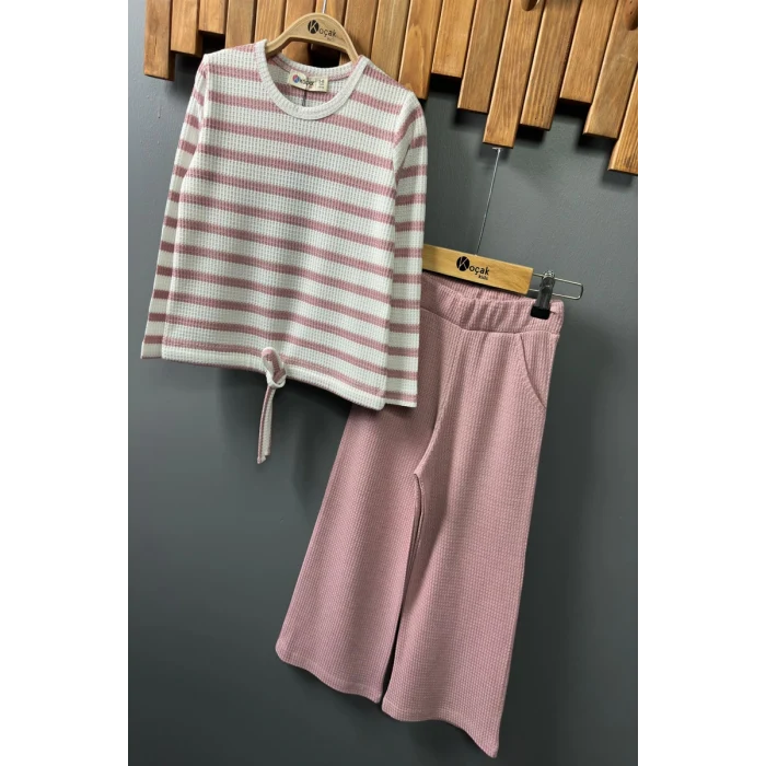Çizgili Kız Çocuk Bol Paça Mevsimlik Pembe Renk Takım