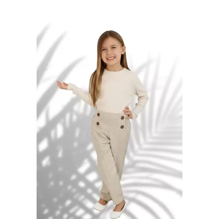 Ekose Pantolonlu Krem Renk Kız Çocuk Takım