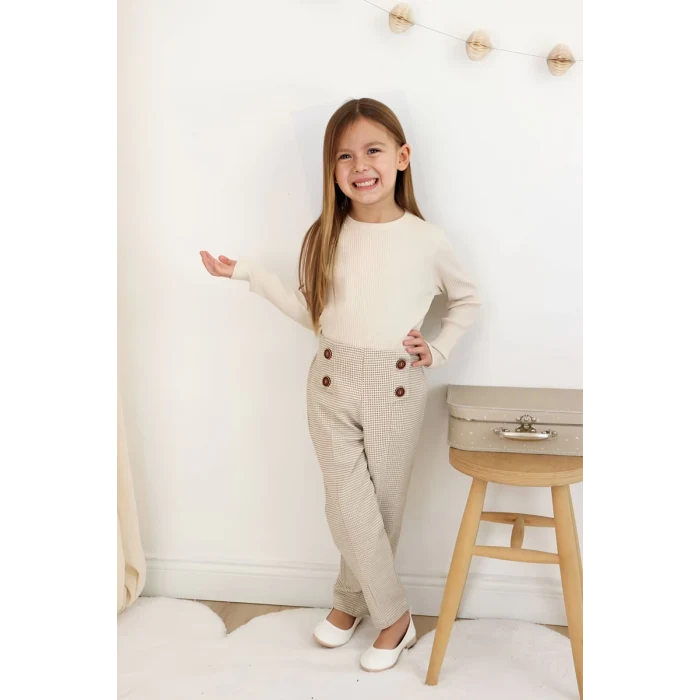 Ekose Pantolonlu Krem Renk Kız Çocuk Takım