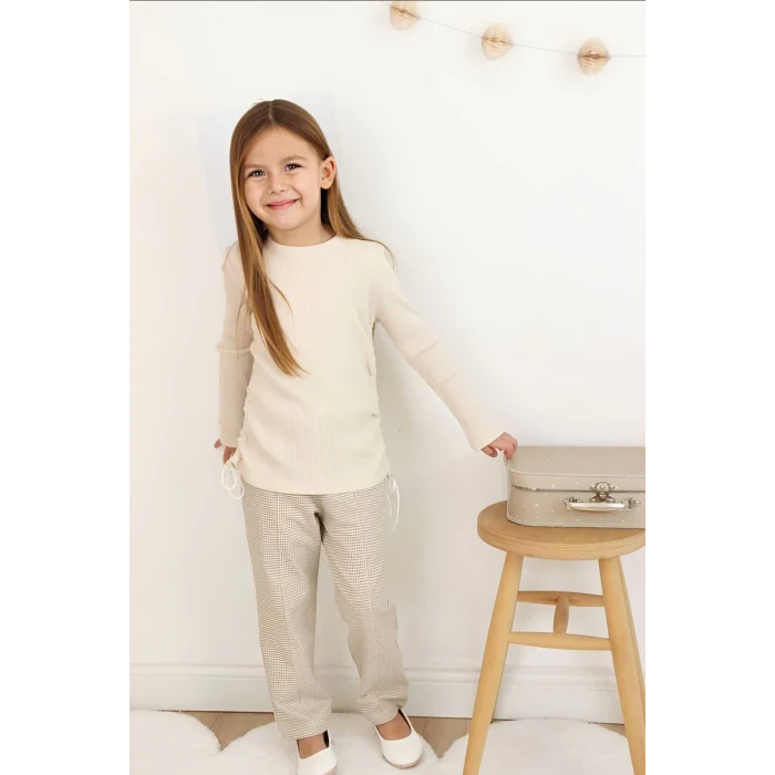 Ekose Pantolonlu Krem Renk Kız Çocuk Takım