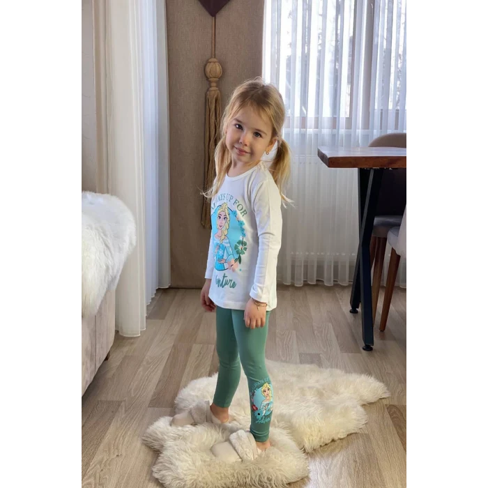 Elsa Desenli Yeşil Renk Kız Çocuk Taytlı Takım