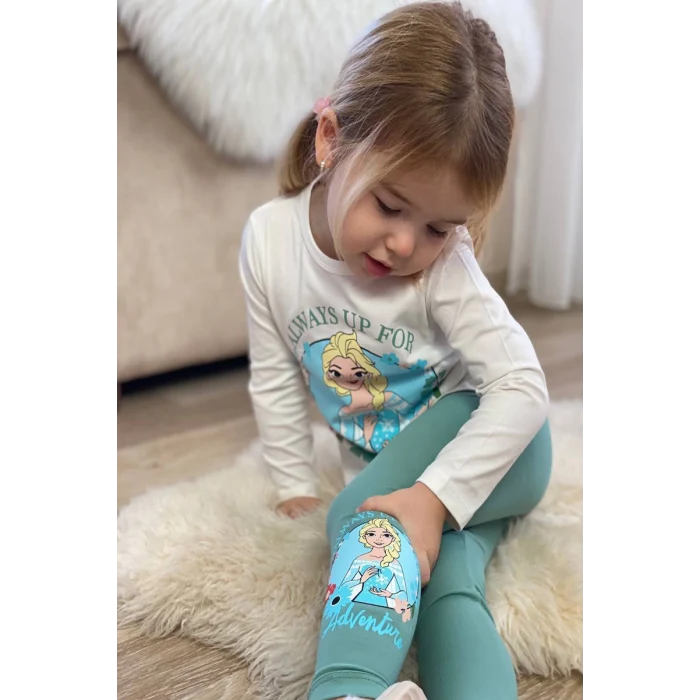Elsa Desenli Yeşil Renk Kız Çocuk Taytlı Takım