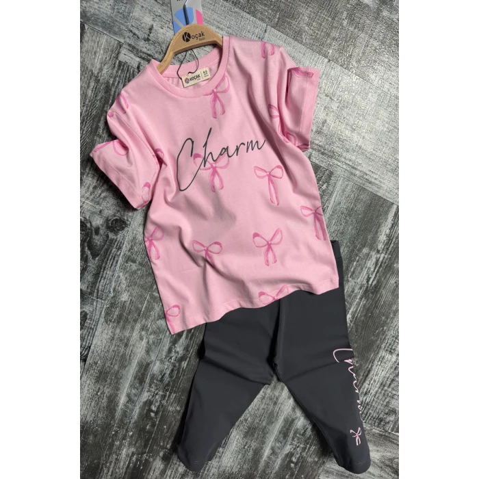 Fiyonk Desenli Kız Çocuk Pembe Renk Taytlı Takım