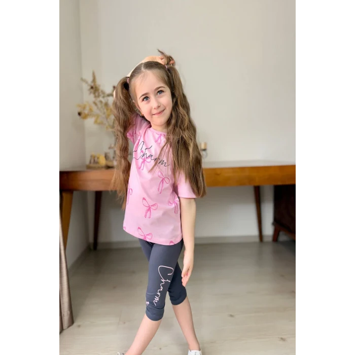 Fiyonk Desenli Kız Çocuk Pembe Renk Taytlı Takım