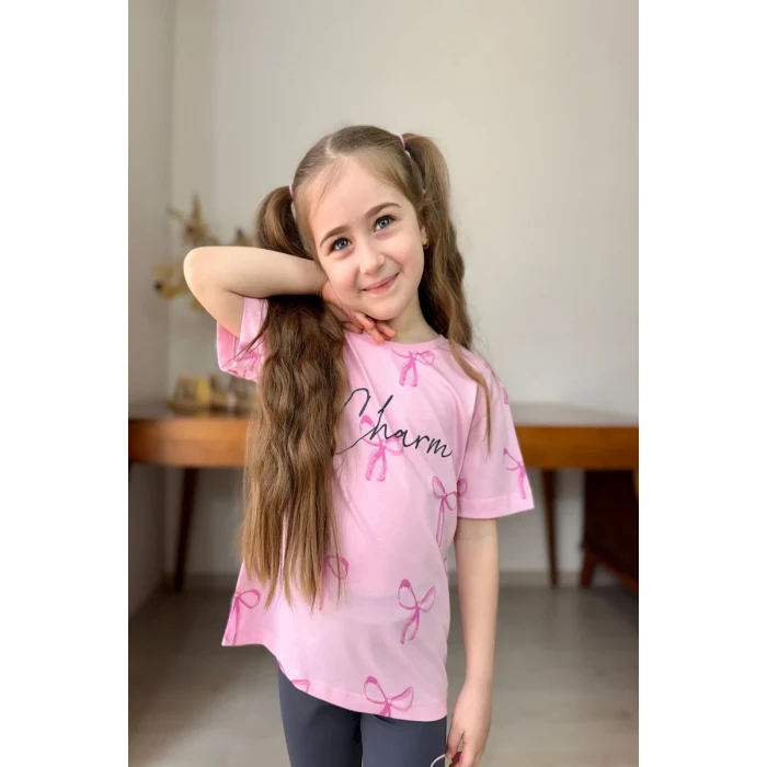 Fiyonk Desenli Kız Çocuk Pembe Renk Taytlı Takım