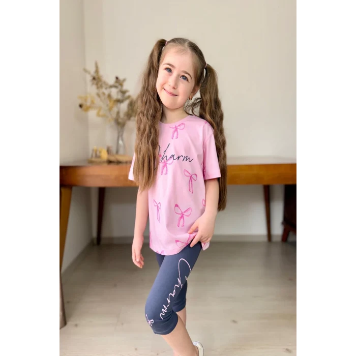Fiyonk Desenli Kız Çocuk Pembe Renk Taytlı Takım