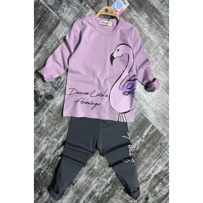 Flamingo Desenli Lila Renk Kız Çocuk Mevsimlik Taytlı Takım
