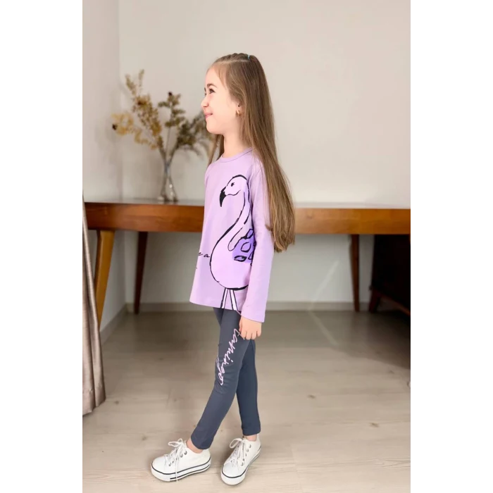 Flamingo Desenli Lila Renk Kız Çocuk Mevsimlik Taytlı Takım