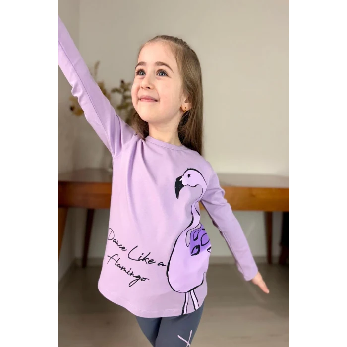 Flamingo Desenli Lila Renk Kız Çocuk Mevsimlik Taytlı Takım