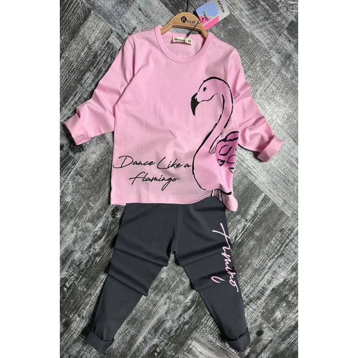 Flamingo Desenli Pembe Renk Kız Çocuk Mevsimlik Taytlı Takım