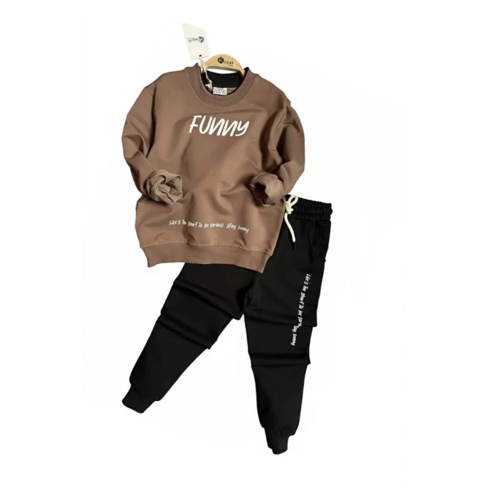 Funny (Eğlenceli) Yazı Desenli Kahverengi Erkek Çocuk Eşofman Takım