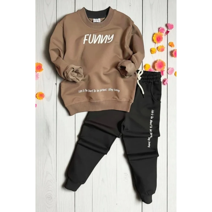 Funny (Eğlenceli) Yazı Desenli Kahverengi Erkek Çocuk Eşofman Takım