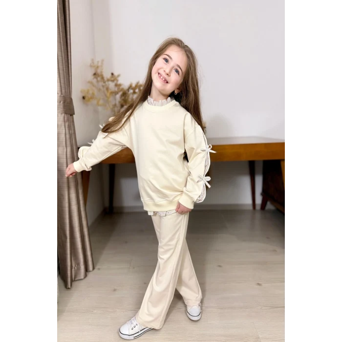 Gömlek Desenli Krem Rengi Kız Çocuk Takım